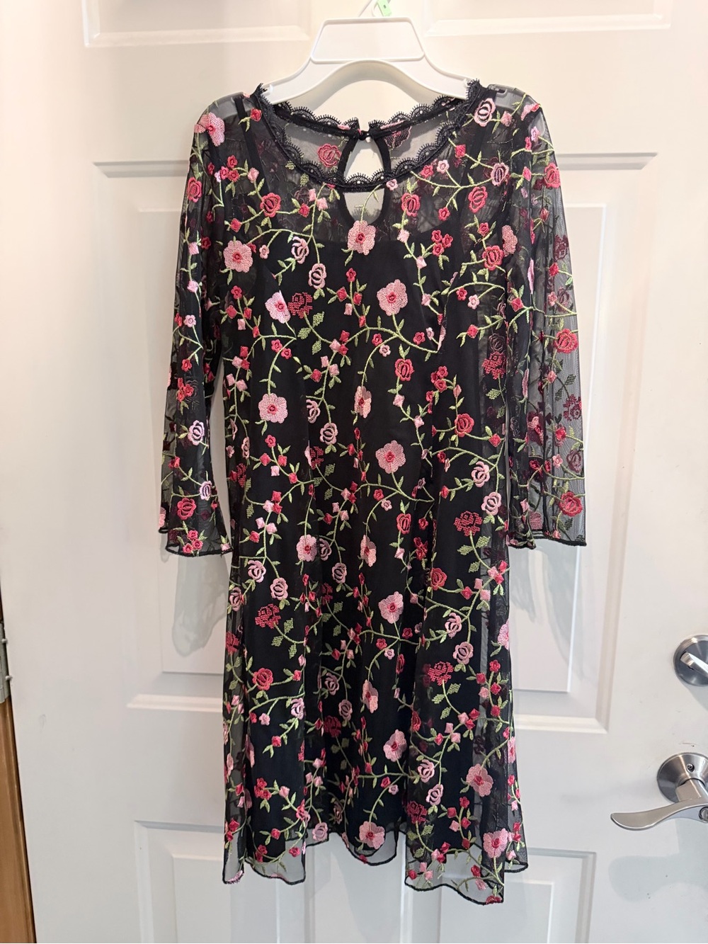Zunie Black Mesh Midi Dress with Pink Floral Embroidery